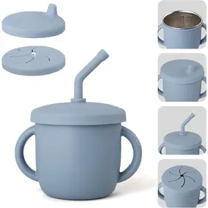 4-in-1 Stainless Steel Silicone Sippy Cup, 8.5oz Toddler Open Cup with Straw, Sippy & Snack Lids, For Baby Led Weaning, Toddlers 1-3 Years Trainning Kids Drinking, Dishwasher Safe,Cloudy Blue