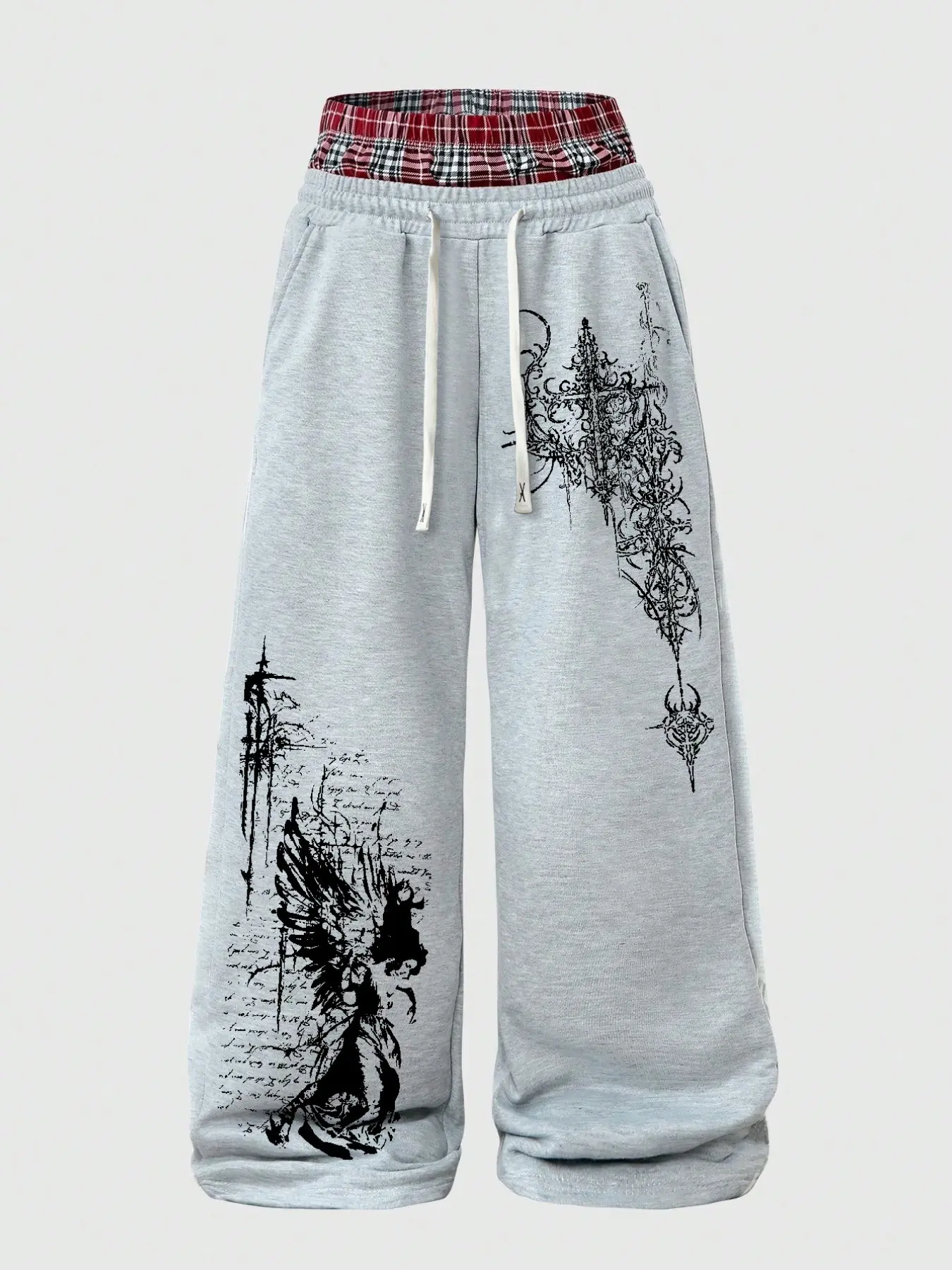 Y2K Gothic Angel Cross Graphic Print Wide Leg Sweatpants for Men, Autumn Casual Pants, Casual Loose-Fitting Plain Surface Unlined Sweatpants, Trendy Streetwear