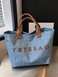 Retro minimalist denim letter tote bag, casual textured sweet & cool style large-capacity daily commute handbag