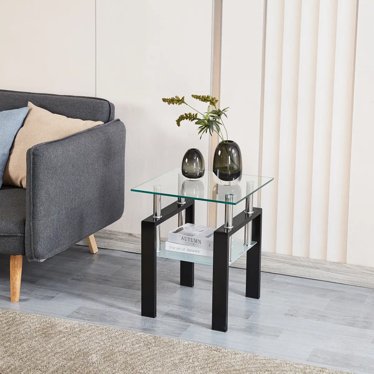 [Fahuac] 2-Layer Tempered Glass End Table - 18" Square, 17.71"l x17.71"w x20.47"h Clear, Self-Assembly Do It Yourself, Waterfall Edge, Storage & Display Shelf, Adjustable, Clean Look, Small Room Ideas, Space Saving Single Unit Furniture, for Living Room