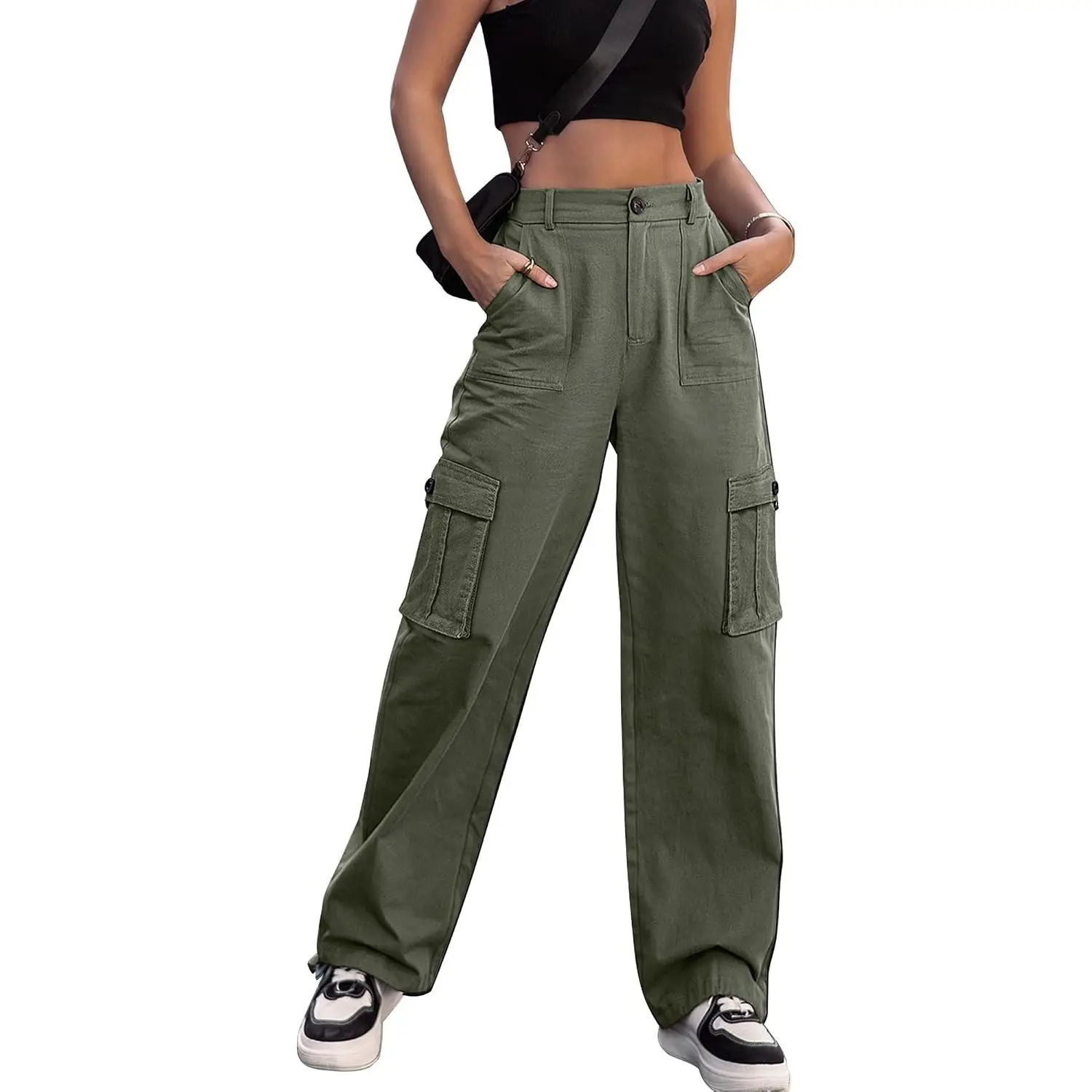 Women High Waisted Cargo Pants Wide Leg Casual Pants 6 Pockets Combat Military Trousers