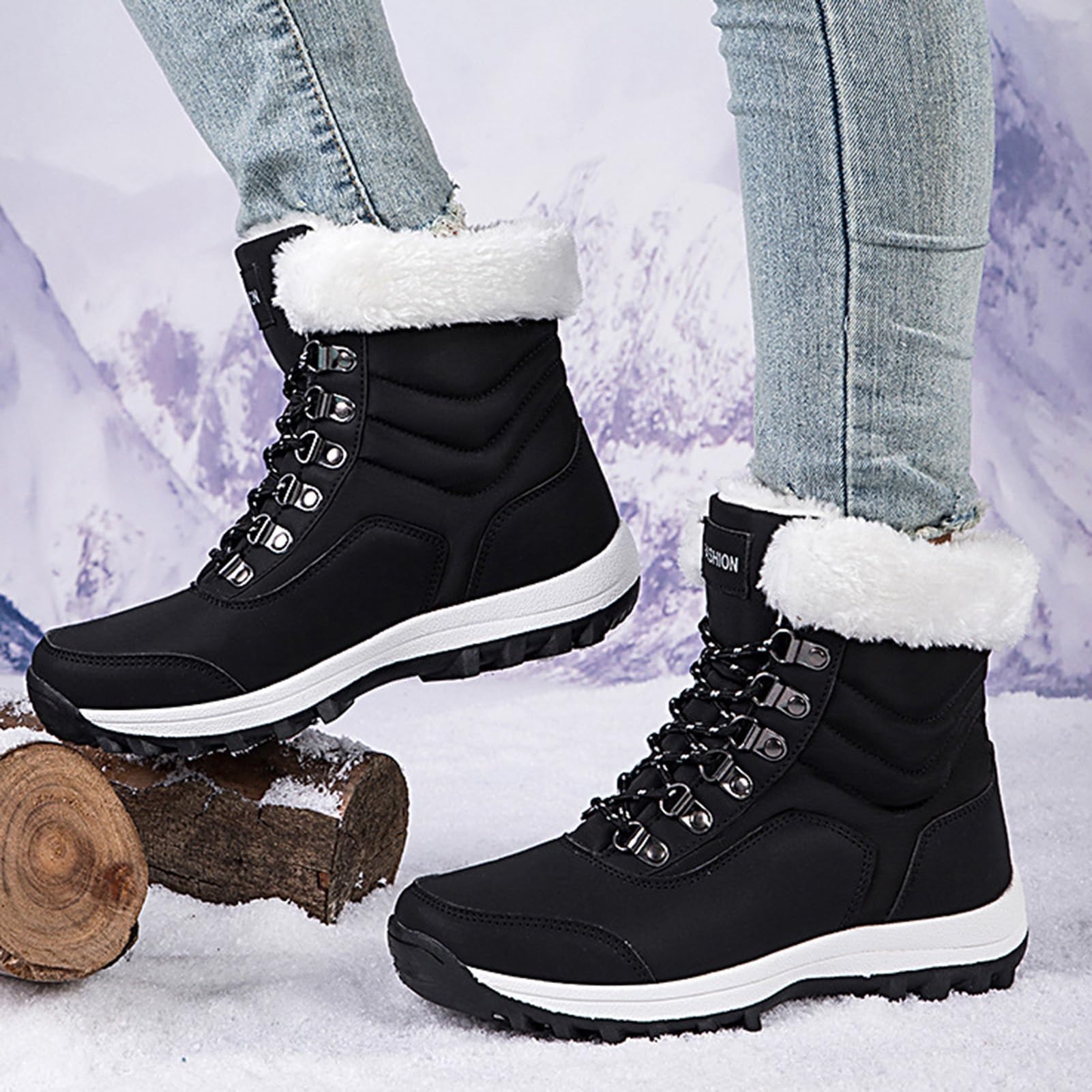 Women's Winter Snow Boots Waterproof Leather Faux Fur Lined Lace Up Ankle Booties Black Casual Warm Lightweight Anti-Slip Rubber Outsole Padded Soft Stylish Walking Shoes for Snowy Days Footwear White SpringStatements