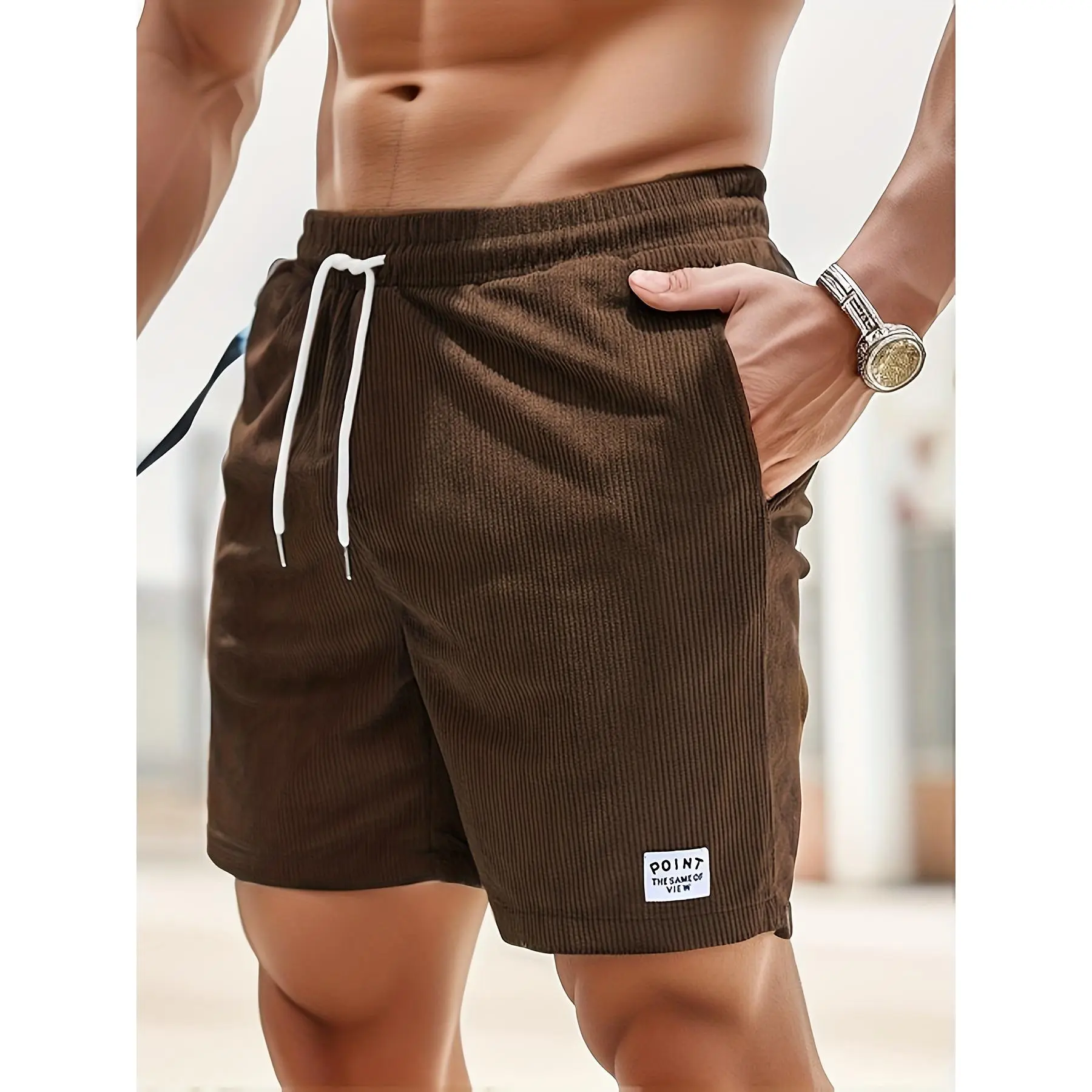 Men's olive green corduroy casual shorts - slim fit, white drawstring, polyester fiber, machine washable, non-stretch fabric, comfortable for summer