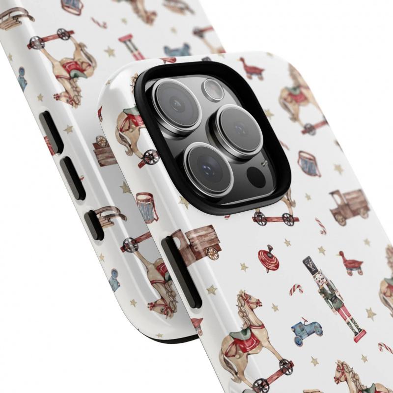 This retro nutcracker case features a fun, childlike market design. It's durable, shock-absorbing, and has a glossy finish. Compatible with iPhone 17, 16, 15, 14, 13, 12, 11, X, and Samsung models. Makes a great holiday gift for friends or family.