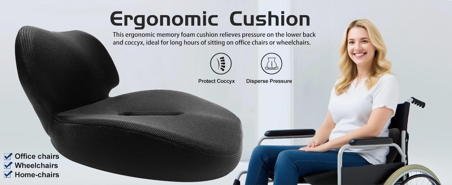 Seat Cushion, Wheelchair,Lumbar&Back,Bed Sore for Butt,Relieve Sciatica,Coccyx for Office Chair, Home - Relieves Pressure,Washable Cover(Black)
