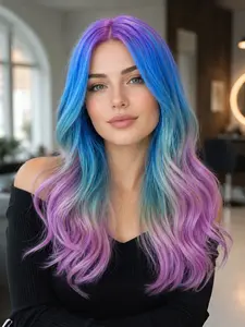 26-Inch Rainbow Wig, and Blue Gradient, Center-Parted Wavy Style, Heat-Resistant Fiber, Unisex Party Wig, Halloween Photography Accessory