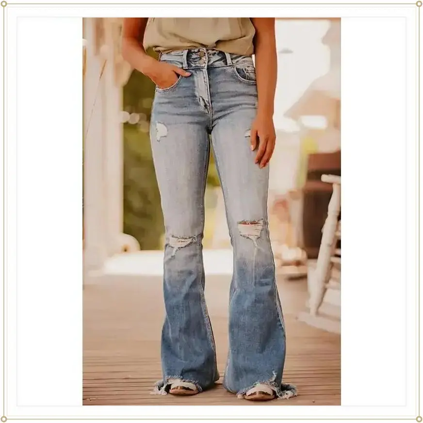 Women's New Blue Ripped Flare Jeans Washed Vintage Denim Pants for WomenMystery Deal Drops!