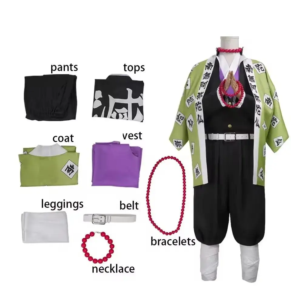 Himejima Gyomei Cosplay Costume Monk Printing Outer Drape Wig Team Uniform Bracelets Man Halloween Carnival Suit
