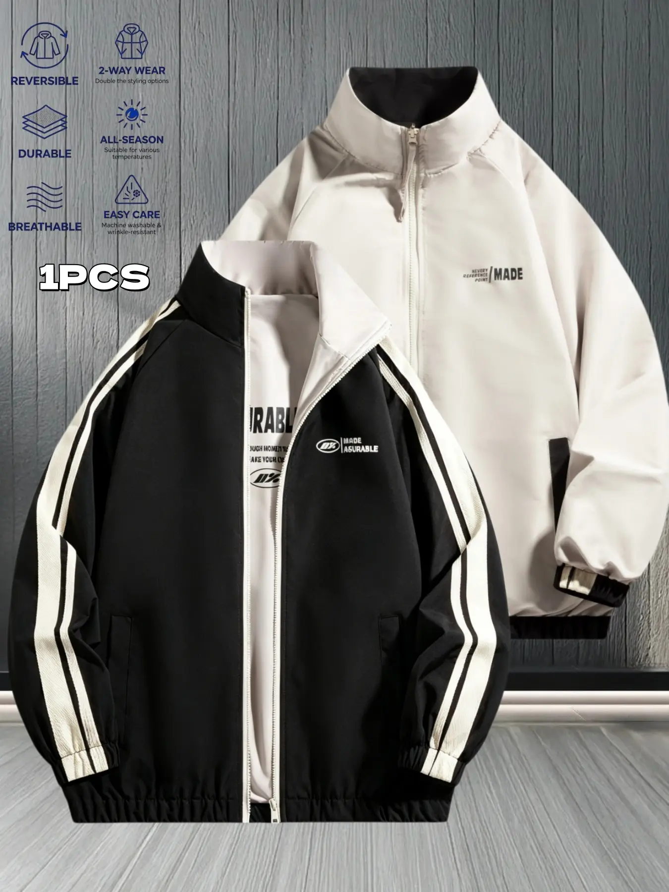 Double-sided zip-up sports jackets for couples, unisex loose stand-collar reversible outerwear with ribbed cuffs, wind-resistant and wrinkle-free casual tops suitable for all seasons. This athletic apparel is ideal for street style, trips and daily commut