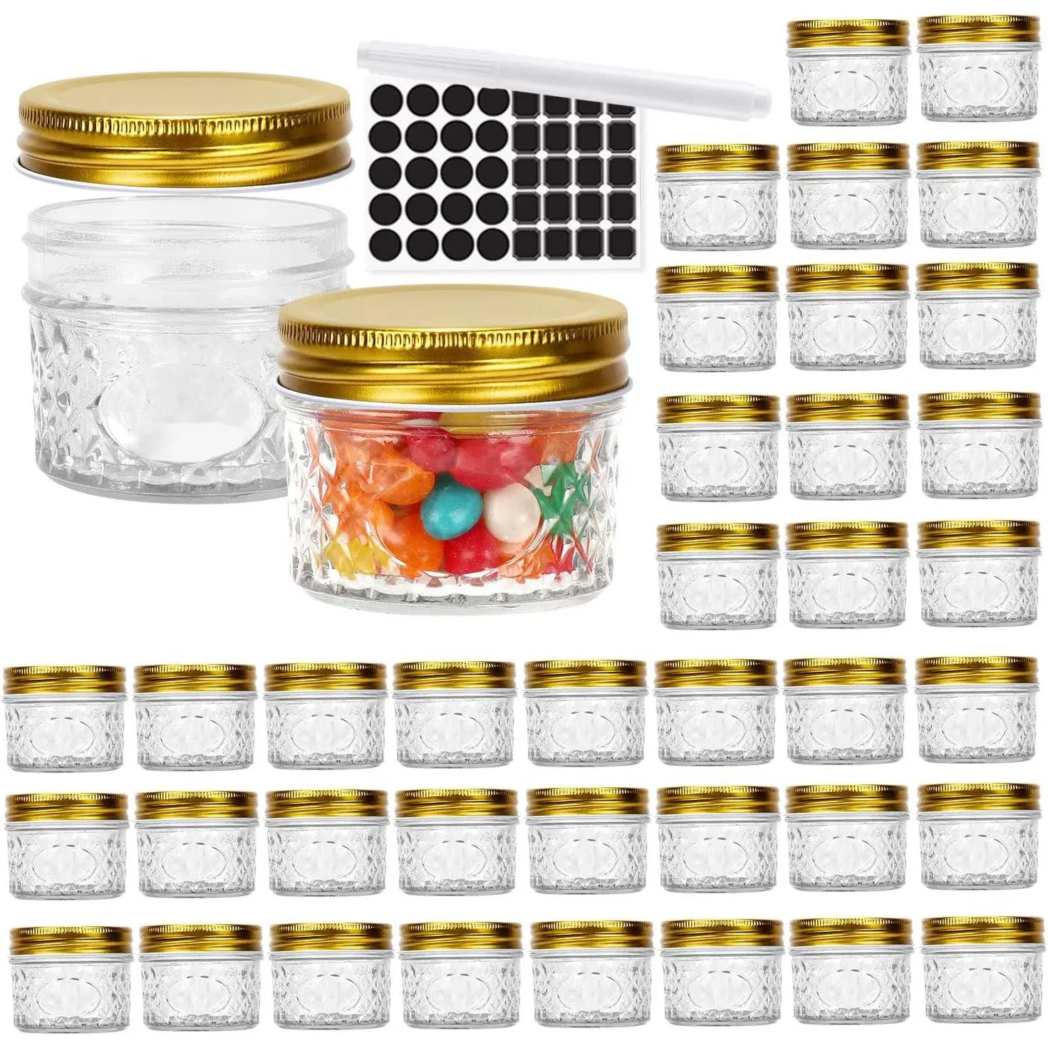 40-Pack 4oz Glass Mason jars With Regular  | 120ml Canning Jars Containers for Jam, Honey, Candies,Wedding Favors, Decorations, Includes 1 Pens and 80 Labels