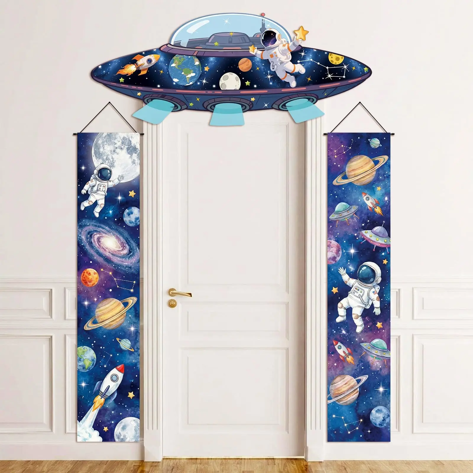 3-Piece Space Theme Party Decorations, Outer Space Porch Banner, Spaceship Astronaut Door Sign, Galaxy Solar System Planet Background, Classroom Bedroom Birthday Supplies