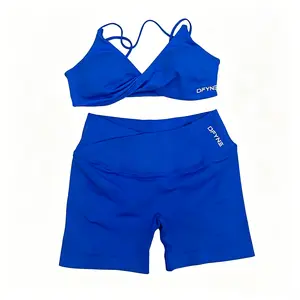 DFYNE Seamless Twist Front Sports Bra & Shorts Set – Scrunch Butt Yoga Set Women, High Waist Gym Workout Outfit