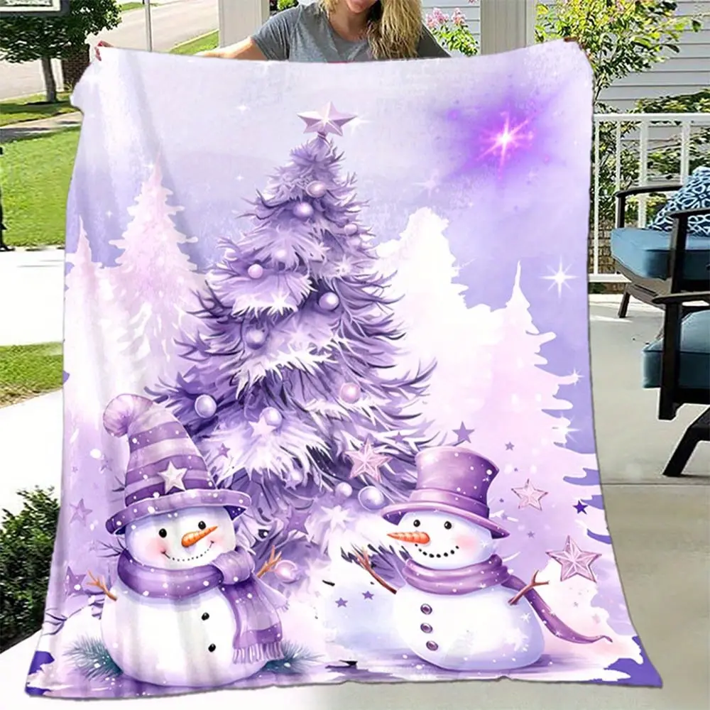 Purple Christmas Tree Snowman Flannel Blanket Cozy Holiday Throw for Sofa, Bedroom, Winter Decor and Christmas Gatherings
