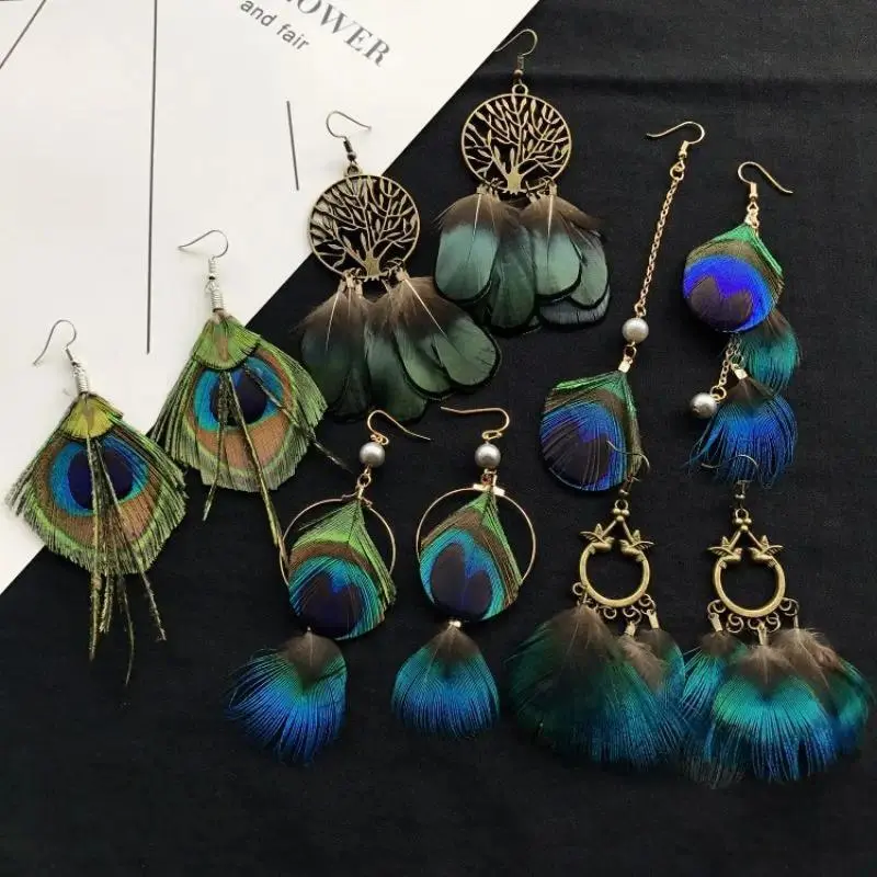 Unique Feather Earrings Imitation Peacock Feathers Vintage Earrings Exaggerate Boho Earrings Statement Jewelry Custom Packaging