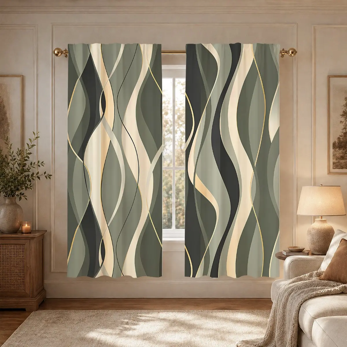 2pcs Forest Green Streamline Print Semi-Blackout Curtains. Modern, light luxury living room and bedroom fabric curtains, made of polyester, suitable for bedrooms, kitchens, studies, cafes, etc.