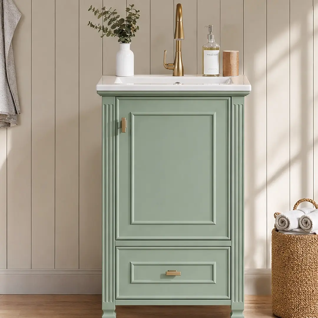 ARCH 20-Inch Freestanding Bathroom Vanity Floor Cabinet with Ceramic Sink, Soft-Close Door & Drawer, Solid Wood Legs, MDF Construction, Green/Grey/White Options, Compact Storage for Small Spaces, Open Back Plumbing Access, Bathroom & Drawer Organization,,