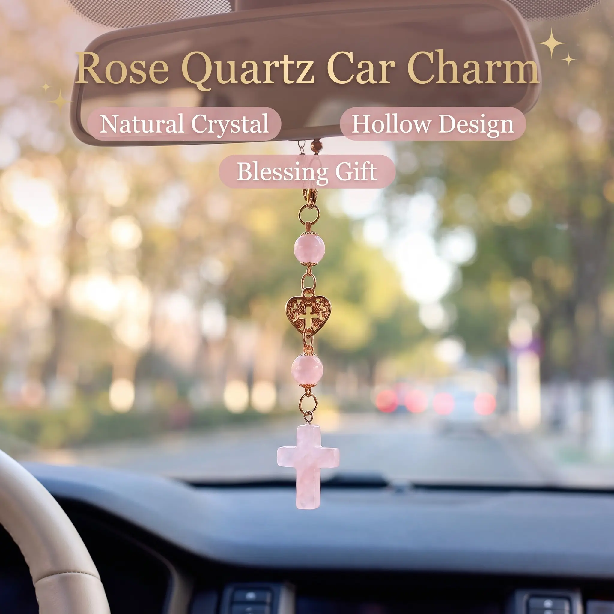 Natural Rose Quartz Cross Car Rearview Mirror Hanging Ornament, Hollow Metal Heart Charm No Noise Pendant, Religious Blessing Auto Interior Decor Gift for Christian Believers & Car Accessories Lovers, Car Ornaments