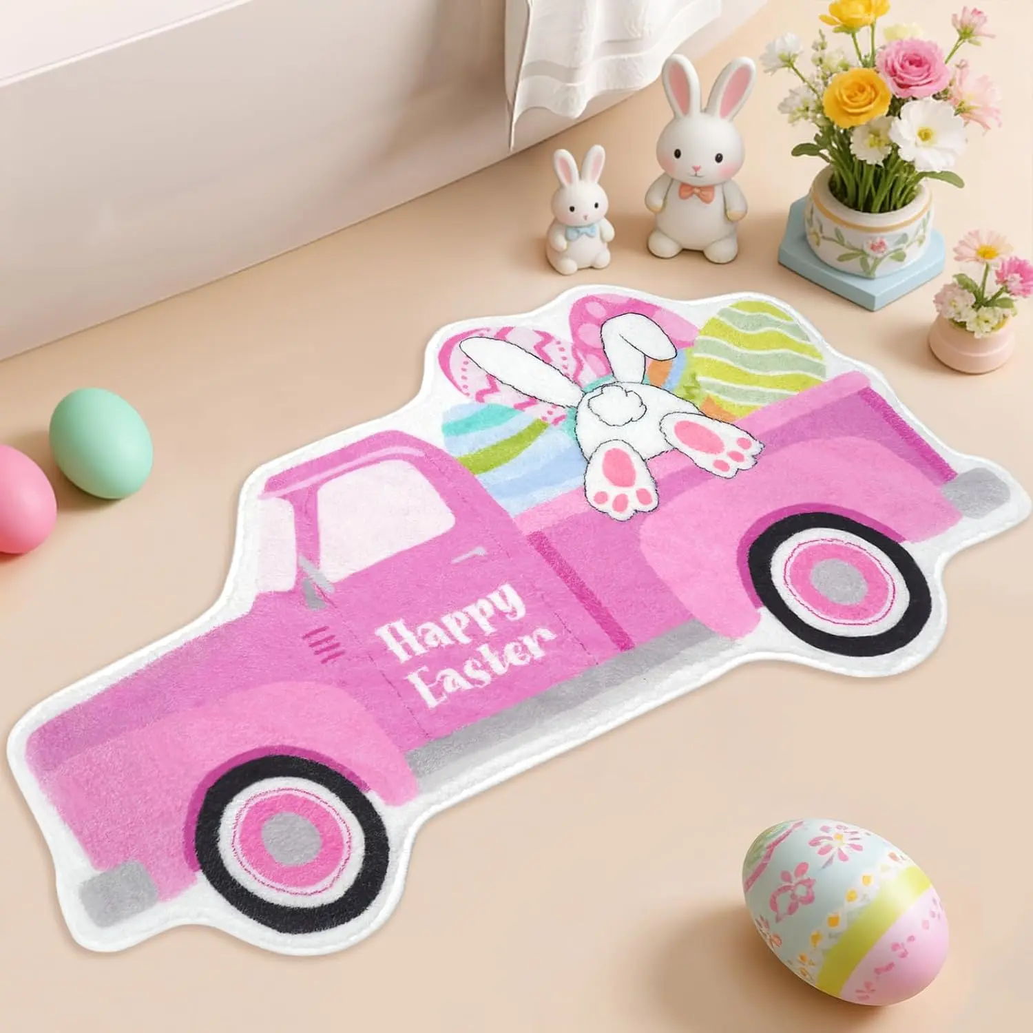 Easter Bathroom Rug, Non-Slip Absorbent Bunny Bath Mat, Cute Easter Egg Entrance Door Mat for Spring & Easter Decor