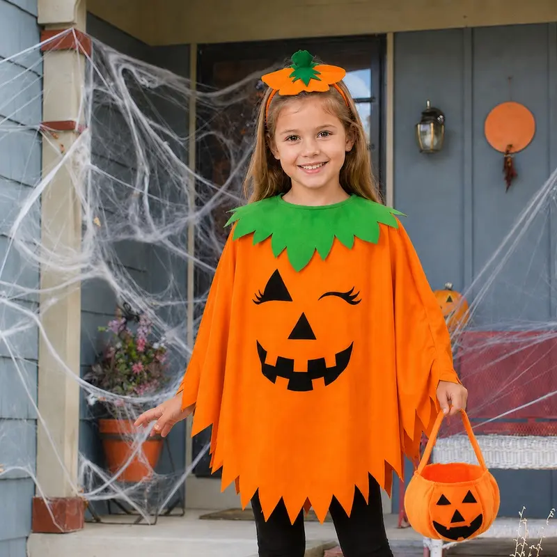 Pumpkin Costume for Girls & Boys, Glow in the Dark Halloween Poncho Cape with Pumpkin Headband, Jack O Lantern Dress Up Outfit for Trick or Treat Party