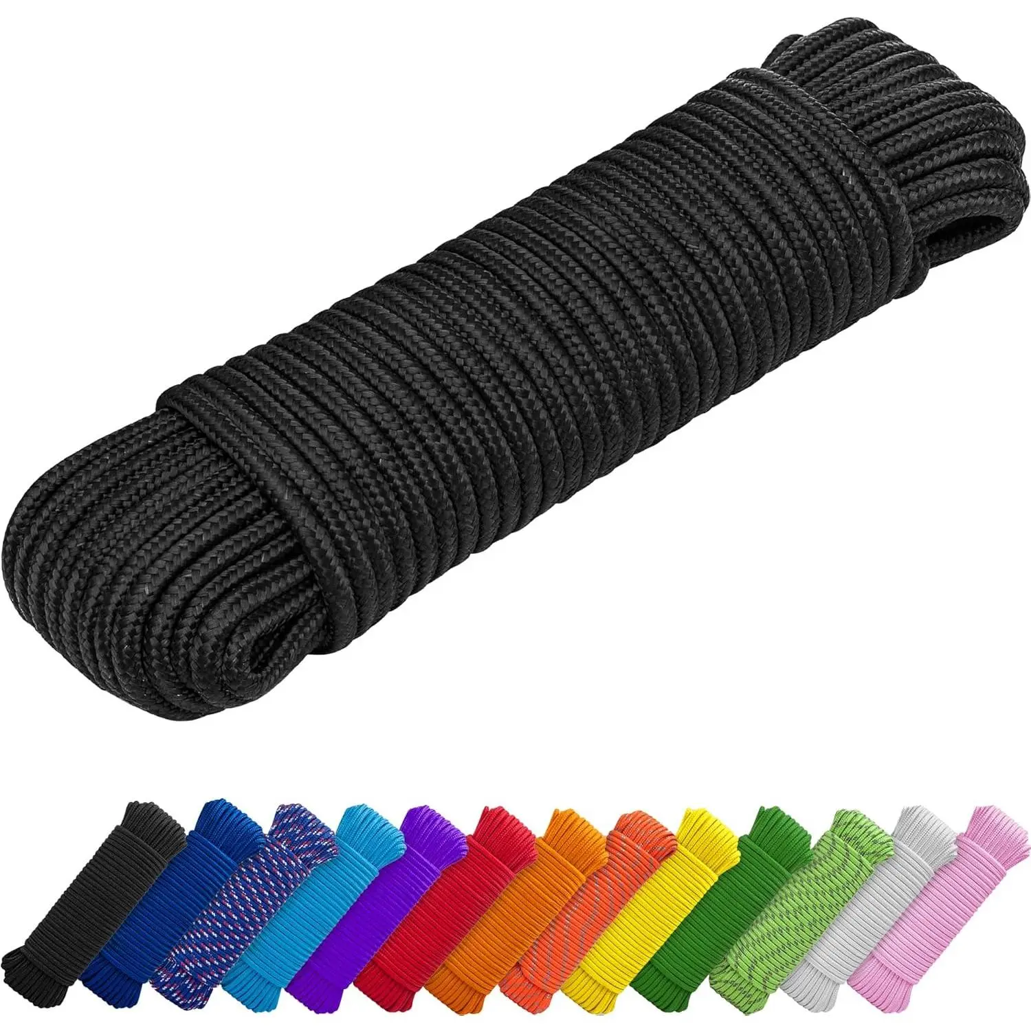 Rope – 1/4" & 3/8" – 90 FT |   150 FT – Strong All-Purpose Utility Rope – Camping, Crafting, Flag Pole, Indoor & Outdoor – Polypropylene Nylon Poly Lightweight Diamond Braided Cord – Black