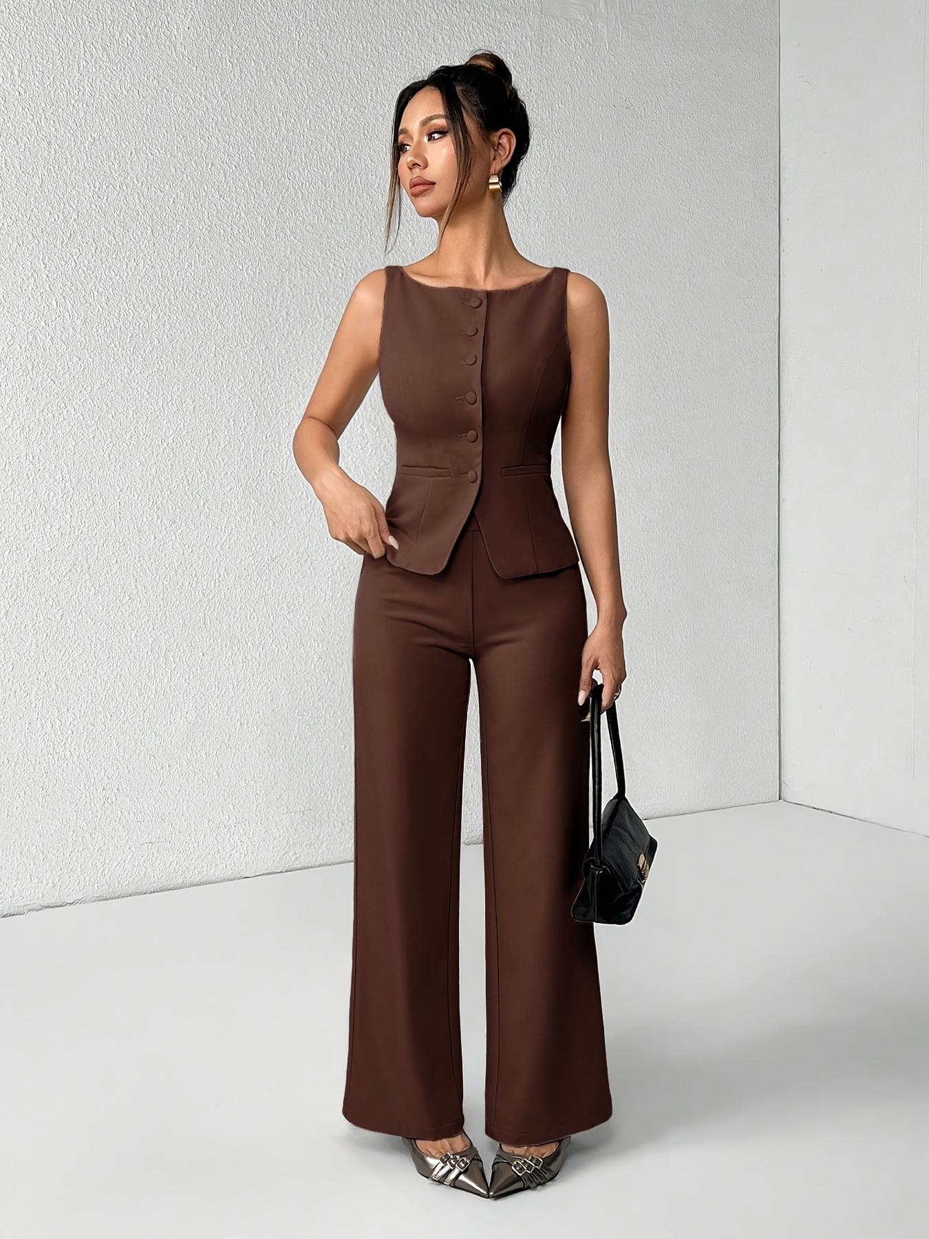 Women's Solid Button Front Sleeveless Tank Top & Wide Leg Pants Set, Casual Elegant Chic Minimalist Fashion Two-piece Set for Summer, Women's Clothing for Daily Wear, Suits, Office Siren Outfits, Casual Matching Set