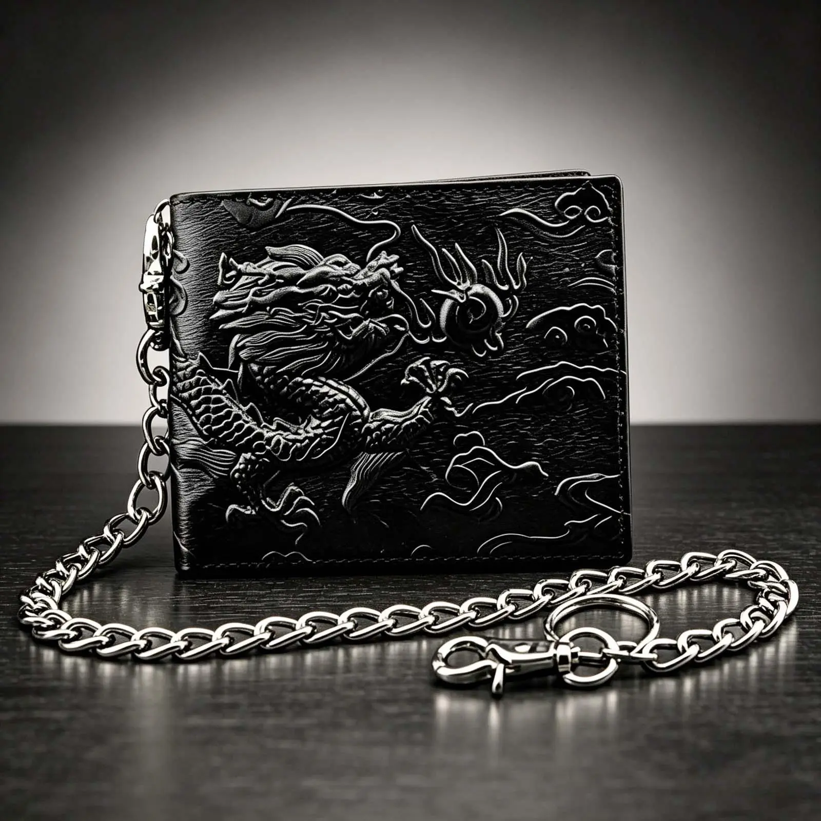 Vintage Dragon Wallet For Men Black Genuine Leather With Chain Card Purse