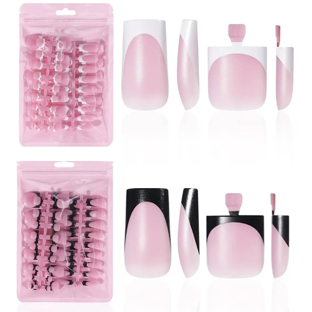4 Design French Toe Nail Tips Set,White Pink Black Press on Nails| Full Cover Soft Gel Square Tip Press on Wider Toenails for Women Home Diy Salon 15 Sizes