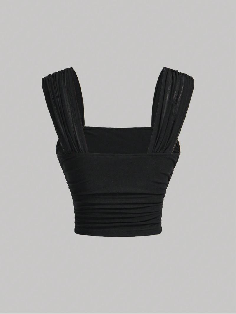 Women's Plain / Floral Print Ruched Tulle Tank Top, Elegant Sleeveless Top for Summer, Ladies Clothes for Daily Wear, Cropped Cami Top