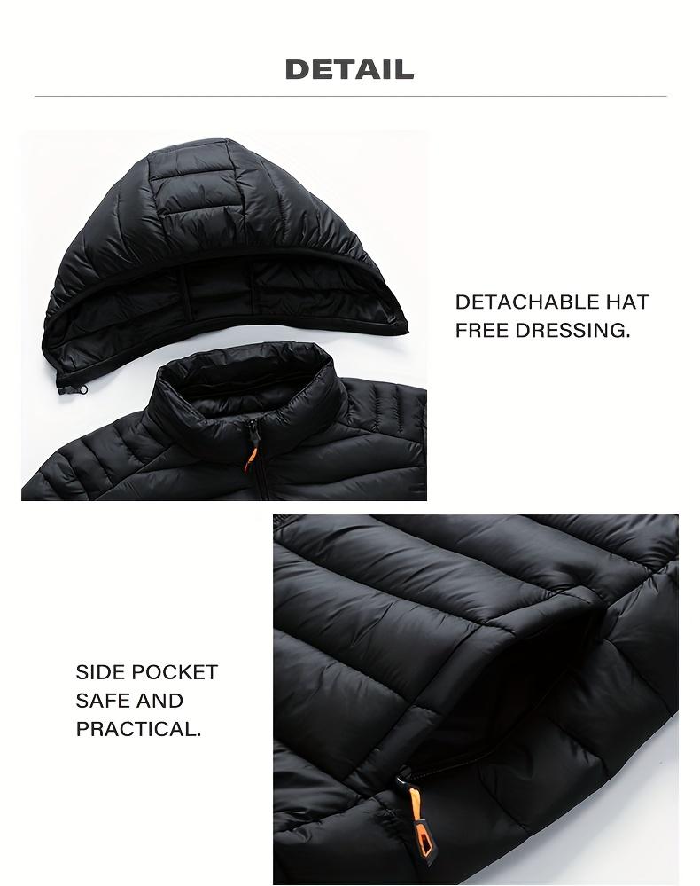 Men's Stand Collar Hooded Jacket - Warm, Windproof Thickened Coat, Detachable Hood, Solid Color Design, Thickened Nylon Fabric for Cold Weather, Casual Style, Zip Closure, Dry Clean Only, Winter Stand Collar Hooded Thickened Coat Spooky Fuzzy Crew Socks W