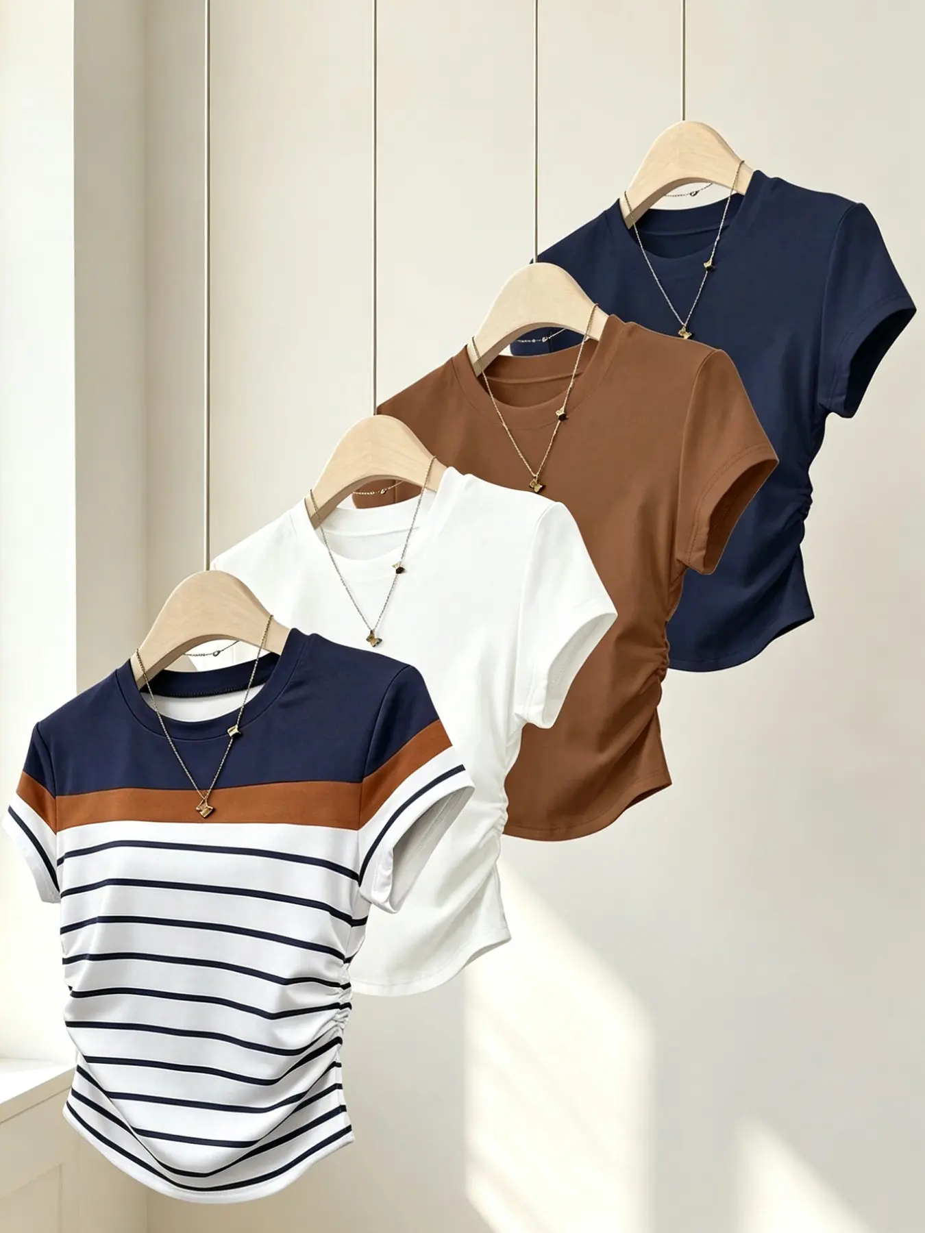 4 Pcs, Women's Summer Outerwear, New Arrival, Outdoor Casual Sports Wear, Blue, Multi-Color Stripes, Fitted Waist T-Shirts