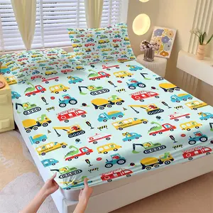 3-Piece Cartoon Construction Truck Fitted Sheet Set,1 Fitted Sheet+2 Pillowcases,Soft Breathable Skin-Friendly Fabric,Deep Pocket Non Slip Mattress Cover,Kids Engineering Vehicle Bedding,Ideal for Boys Bedroom & Birthday Gift