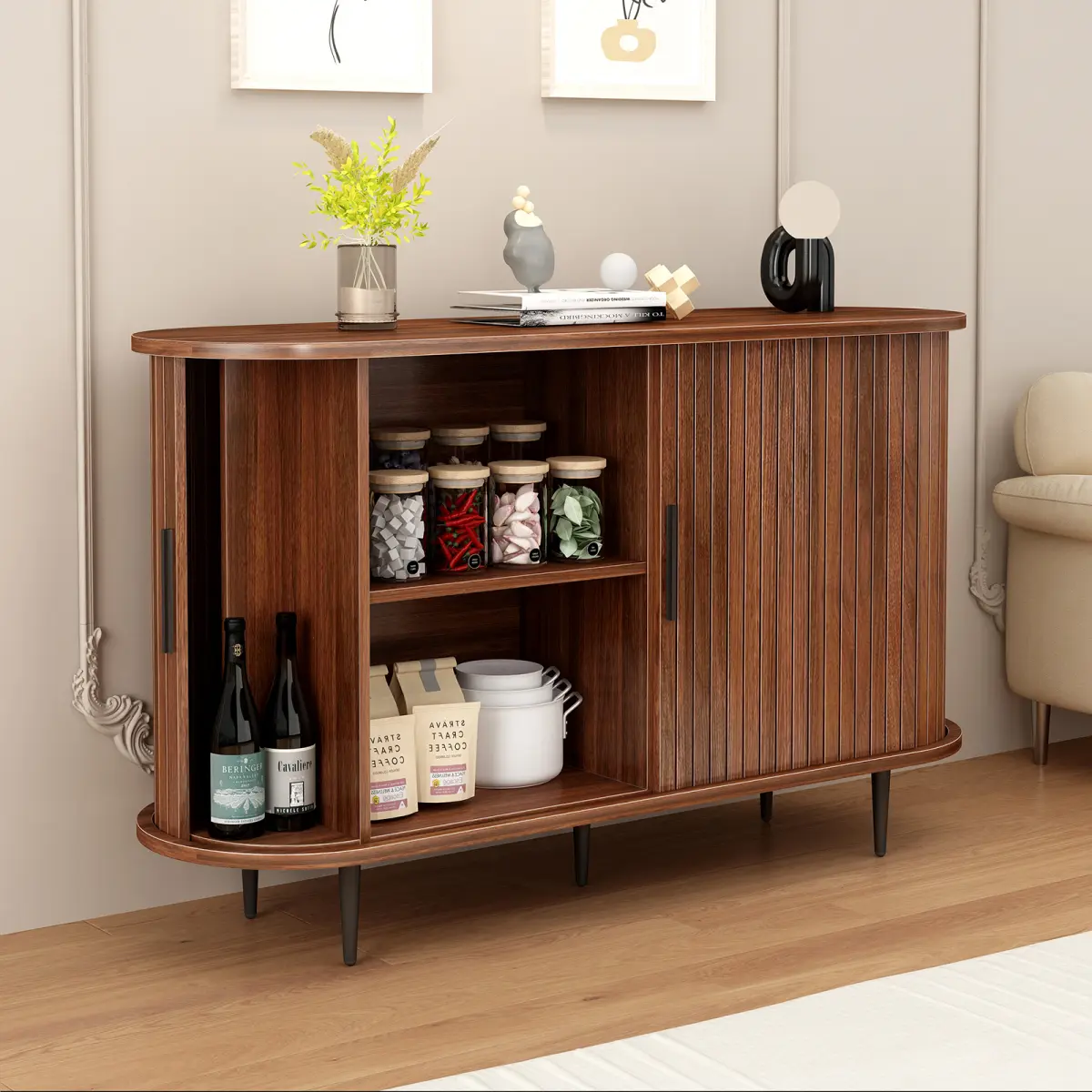 Sturdy Walnut Wood Fluted Roller Shutter Sideboard - Multifunctional Storage Cabinet, 47"w x 29"h Modern Accent Cabinet with Smooth Curved Oval Outline, Black Metal Legs MDF Credenza, Indoor Storage Furniture for Living Room, Kitchen