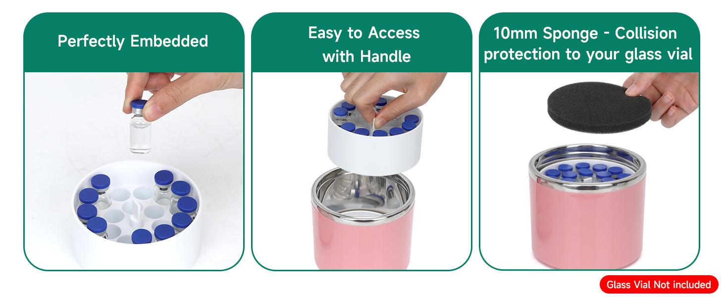 3ml Peptide Case for Fridge Vial Inserts with 22oz Food Jar, Peptide Fridge Case/Peptide Travel Case TSA Approved, Holds 28 Vials, Peptide - Fridge/Travel Safe (Pink Jar and White Insert)