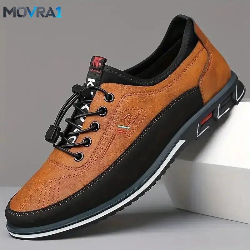 MOVRA1 New Men's Casual Leather Walking Shoes - Korean Trendy Lace-Up Closed Sneaker, Breathable Low-Top Footwear, Soft-Soled Trainer, Brown/Black Versatile Texture Shoes for 20-60 Yrs Old (Suitable for Daily Occasions)