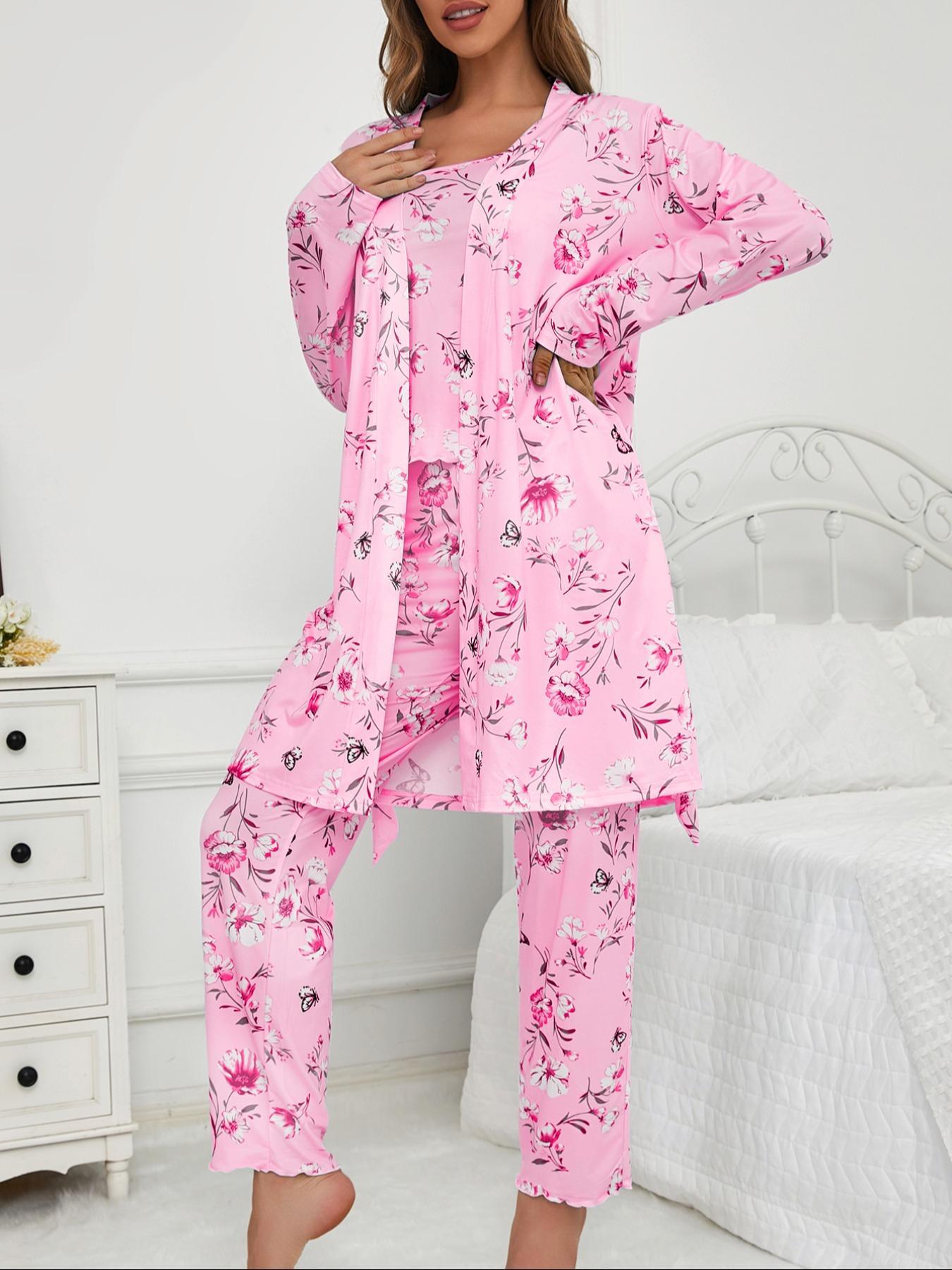 Three-Piece Set Women's Floral Butterfly Print Lettuce Trim Belted Lounge Robe & Cami Top & Pants Pyjama Set, Casual Comfy Three-piece Sleepwear Set for Women, Ladies Sleepwear for All Seasons, Pajama Set