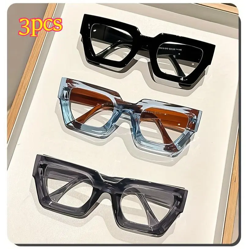 3Pcs Retro Chunky Square Sunglasses Set for Men Women Trendy Thick Frame Tinted Lens Luxury Fashion Eyewear Vintage Shades Black Clear Blue Grey Sun Glasses UV Protection Driving Beach Party Vacation Unisex Eyeglasses Gift