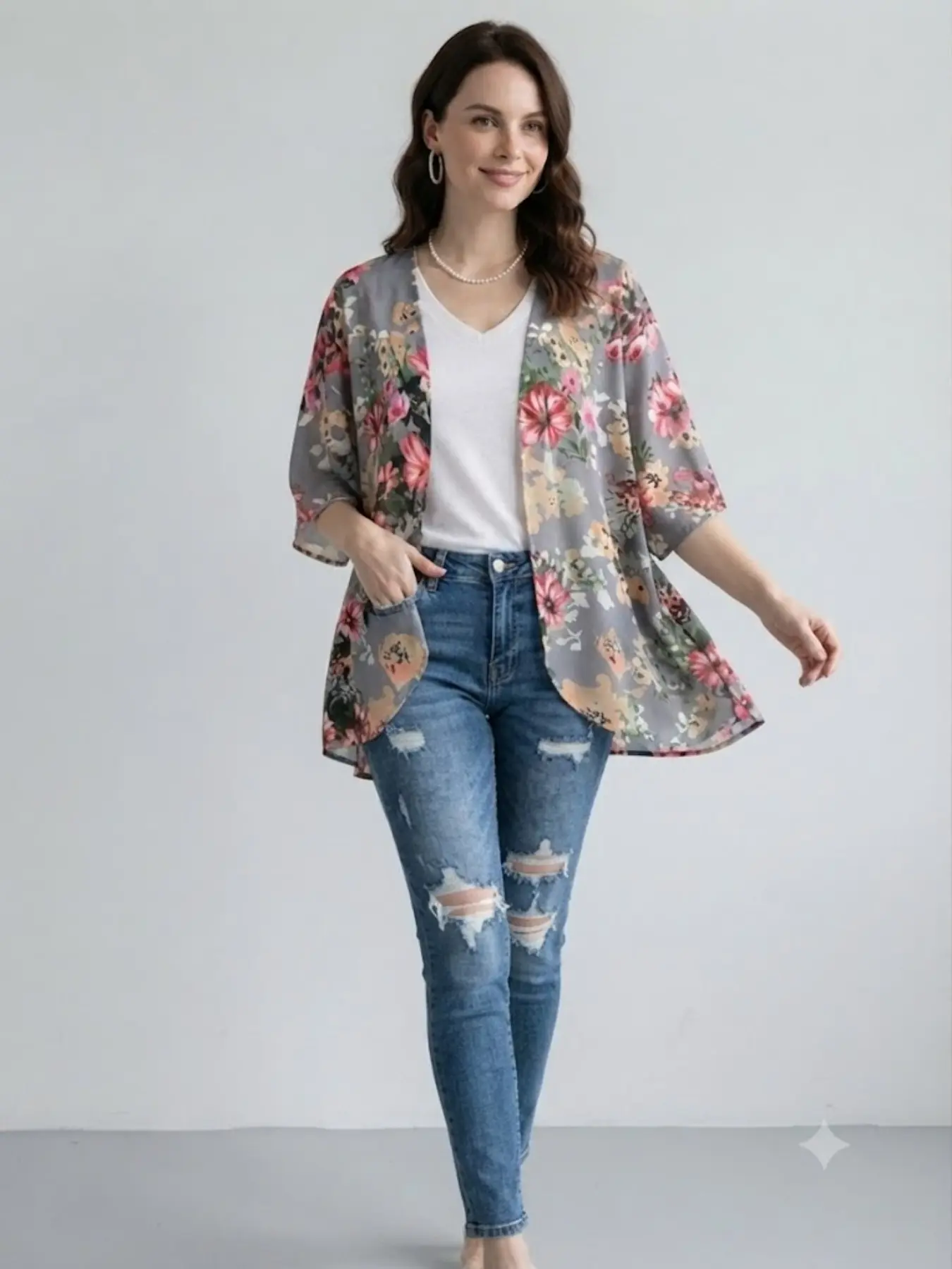 Boho Floral Print Cardigan, Lightweight Breathable Chiffon Outerwear, Casual Base, European and American Style, Vacation Fashion