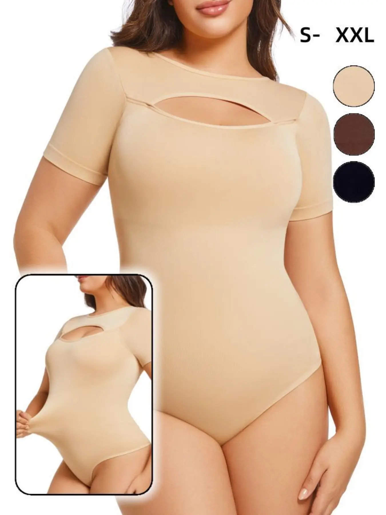 S-XXL Seamless Short Sleeve Cutout Thong Shapewear Bodysuit, Butt Lifter Colombian Faja Moldeadora, High Elastic Tummy Control Postpartum Belly Band, Curvy Girl Sexy Lingerie, Slimming Tummy Flattering Baddie Bodys Underwear