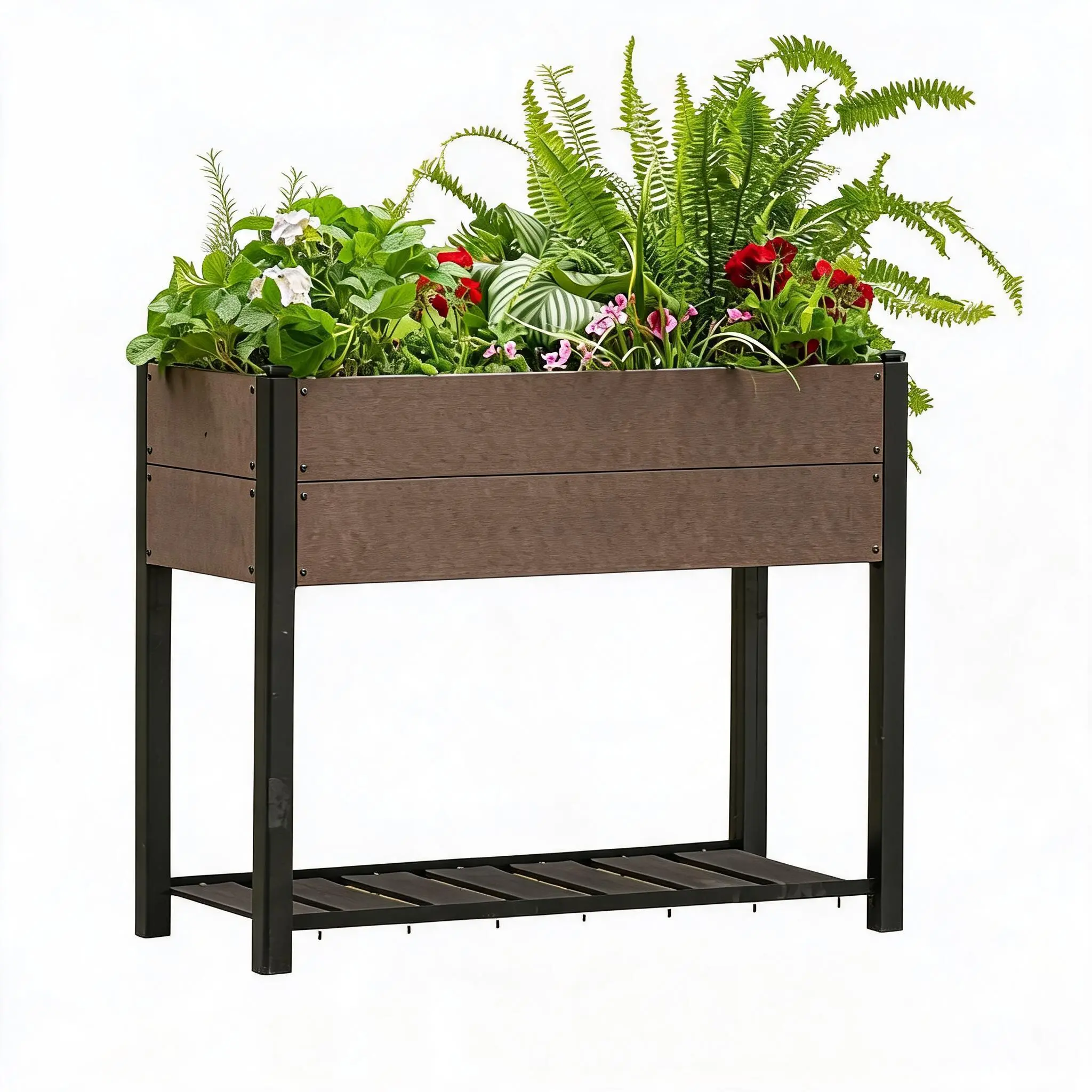 Elevated Raised Garden Bed with Shelf, Outdoor Planter Box on Legs for Herbs, Vegetables & Flowers, All-Weather Grow Box for Patio & Balcony, Sturdy Posts, Sleek Black Design