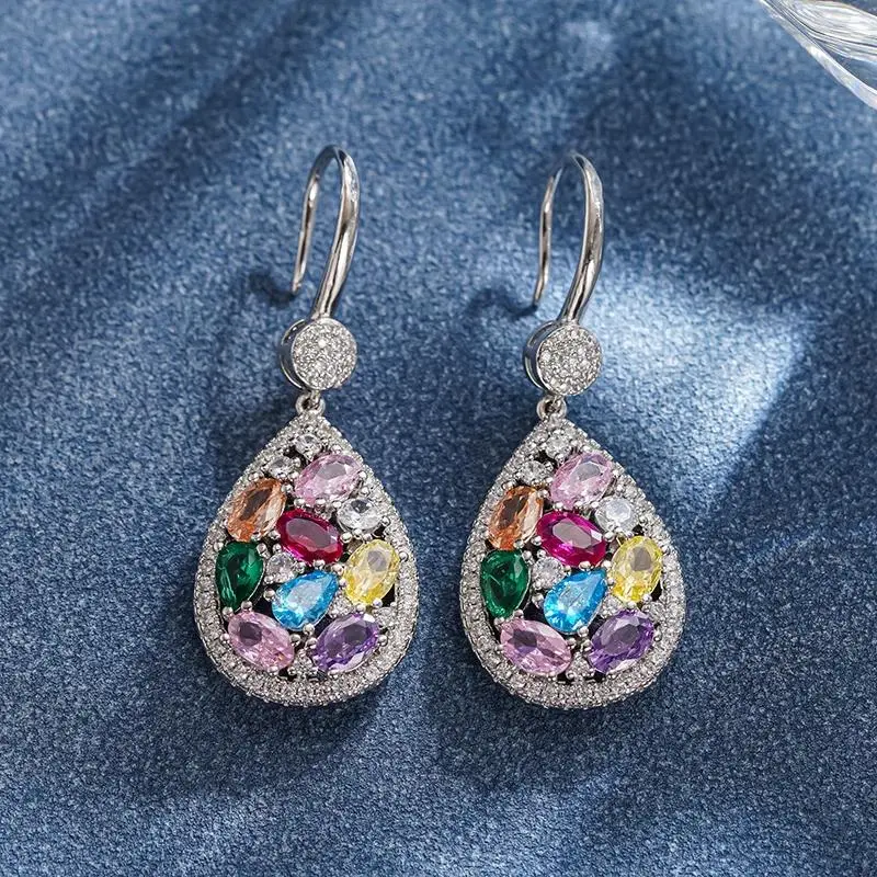 Huitan Gorgeous Teardrop Dangle Earrings with Bright Rainbow Cubic Zirconia Bride Drop Earrings Wedding Engagement Trend Jewelry