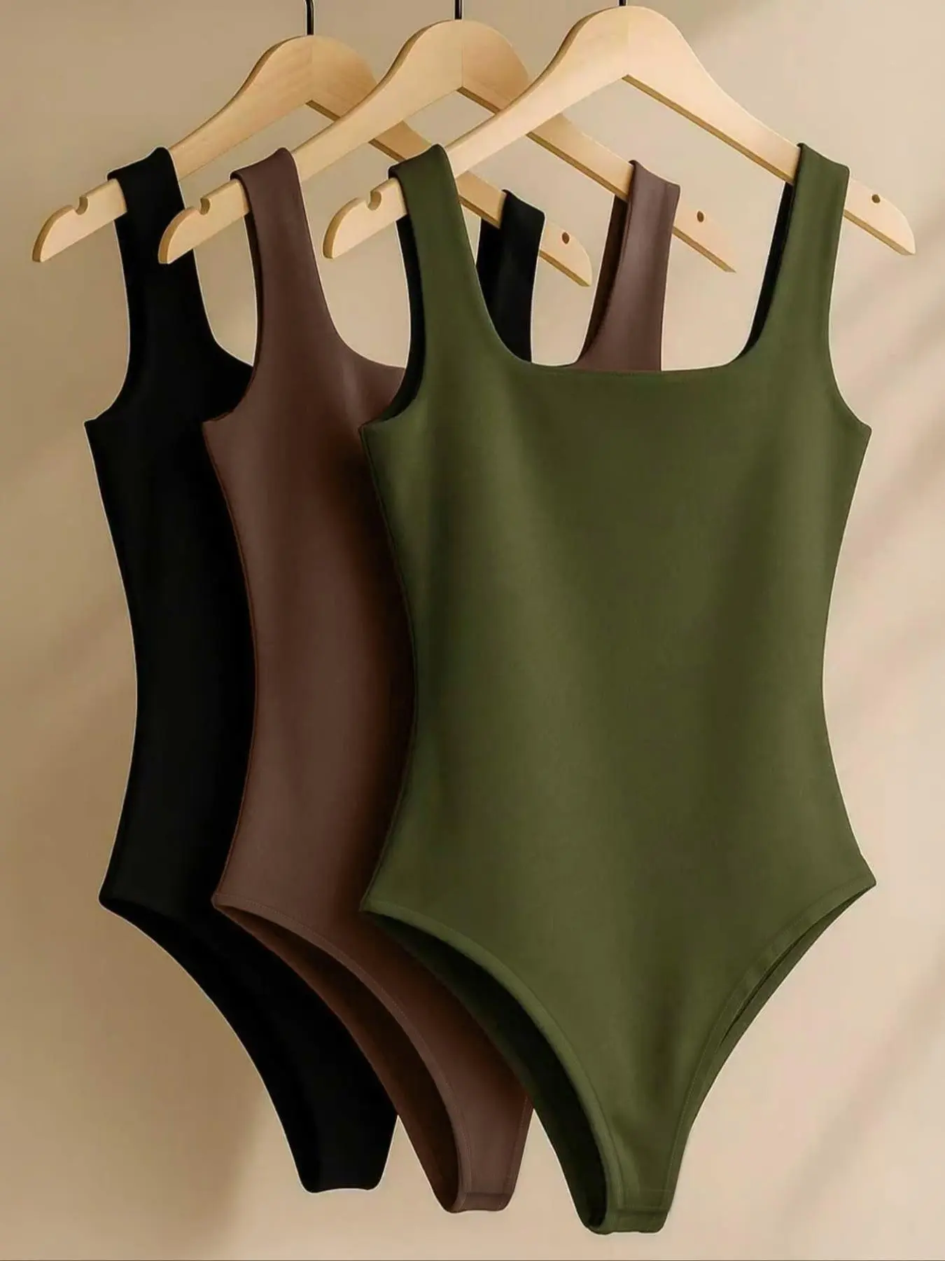 Women's 3-Piece New Knit Solid Color Square Neck High Waist Slim Fit Breathable Casual Daily Wear Bodysuit, Soft and Elegant