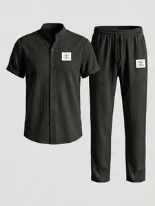 Men's Minimal Square Woven Patch Label 2 Piece Outfit, Mandarin Collar Short Sleeve Button Down Shirt & Drawstring Elastic Waist Straight Long Pants Set, Vertical Striped Textured Black Lightweight Casual Loungewear Tracksuit