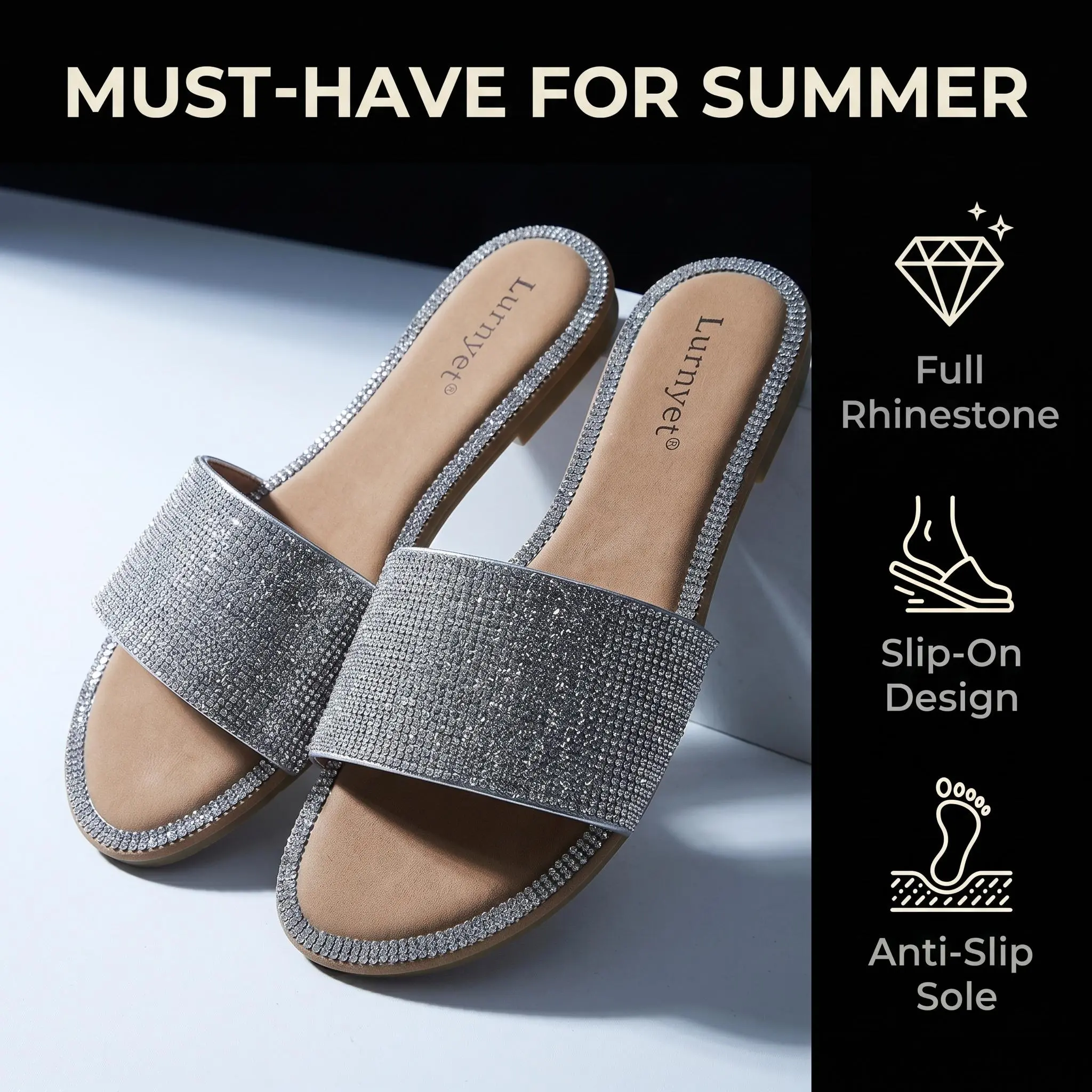 MD Summer Women's Rhinestone Flat Slides Open Toe Slip On Sandals Cushioned Footbed Bling Casual Slippers Secure Non-Slip Outsole Soft Insole Easy Slip-On Footwear Shoe trendy comfortable