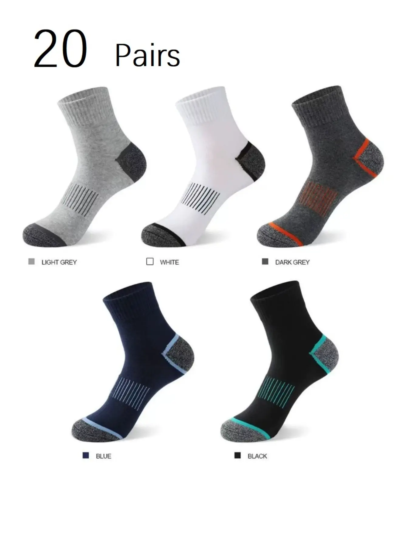 20 Pairs Men's Mid-Calf Socks, Thick Cushioned Breathable Sports Socks, Outdoor Basketball Hiking Climbing Sweat-Wicking Quick-Dry Socks