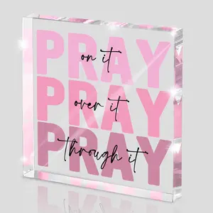 Inspirational Decor Pray Gift for Women Pink Bible Verse Acrylic Signage Plaque Desktop Decoration desk decor Desk Signage Decoration Office Desk Accessories Positive Christian Decor Sign for Mantel Dorm Room Pray on It Pray Through It, Perfect gift