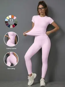 Women's Sporty Slim Fit High-Waisted Yoga Pants & Short Sleeves Set, Soft Breathable Activewear for Gym Running Outdoor Activities