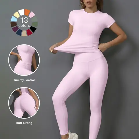 【Black Friday】Women's Sporty Plain Slim Fit High-Waisted Yoga Pants & Short Sleeves Top Set, Soft Breathable Activewear for Gym Running Outdoor Activities Sports Wear