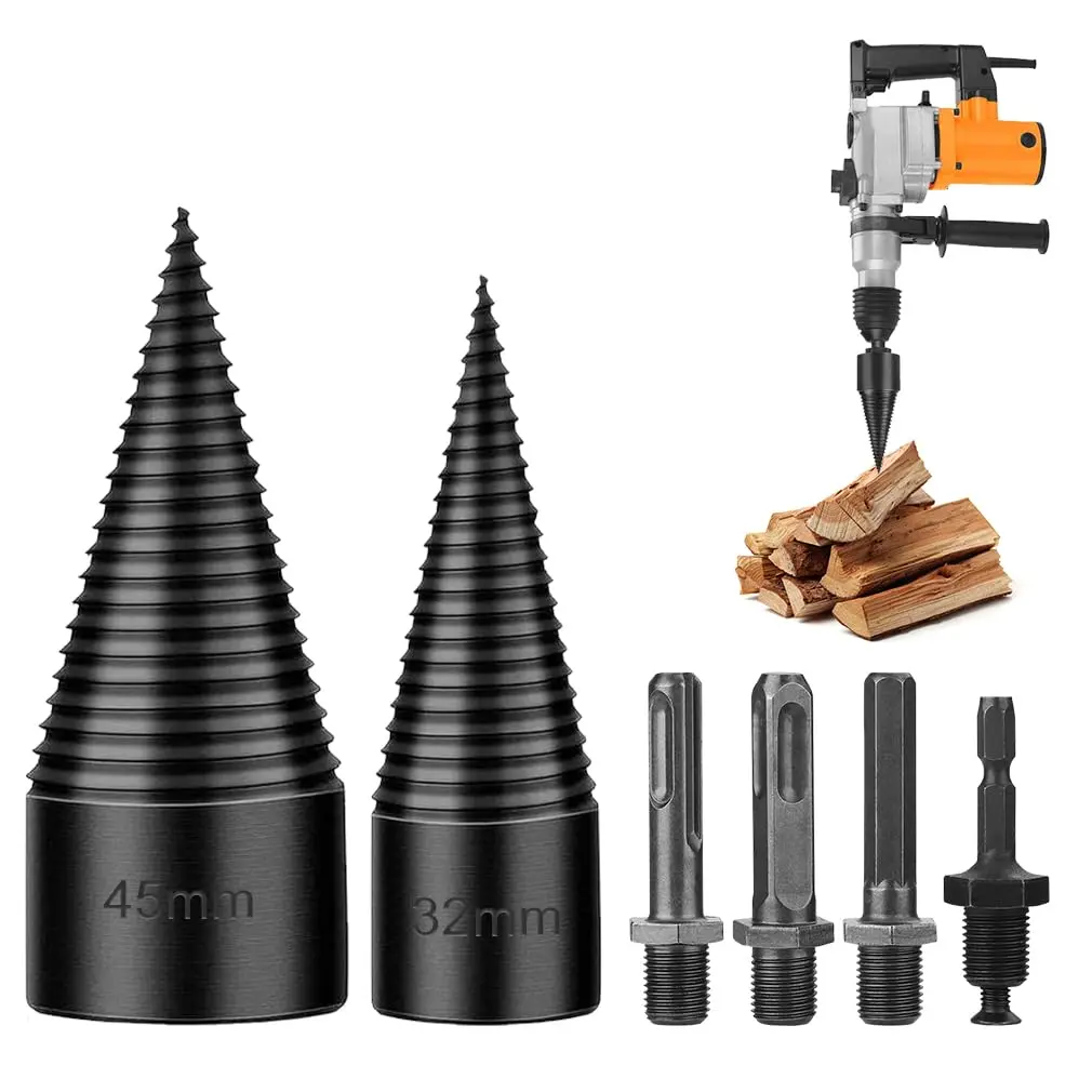 Firewood Log Splitter 2 Pack 45mm+32mm Easy Log Splitting Bits Duty Electric Drills Screw Cone Driver Split Wood Efficiently for Dry Soft + 4 Attachments
