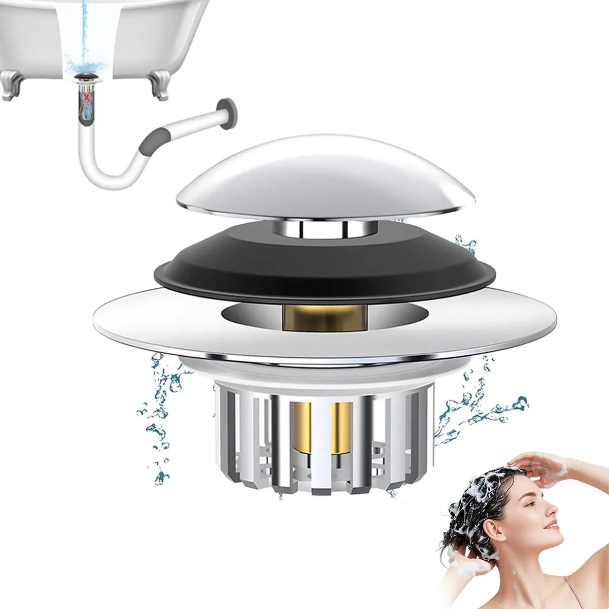 3 in 1 Pop Up Bathtub Drain Stopper with Hair Catcher Filter Basket, Brass Core Matte Black Universal Drain Plug Fits Drain Hole, Anti-Clog Tub Drain Replacement