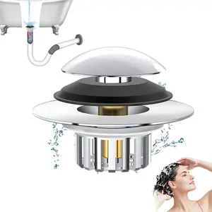 3 in 1 Pop Up Bathtub Drain Stopper with Hair Catcher Filter Basket, Brass Core Matte Black Universal Drain Plug Fits Drain Hole, Anti-Clog Tub Drain Replacement